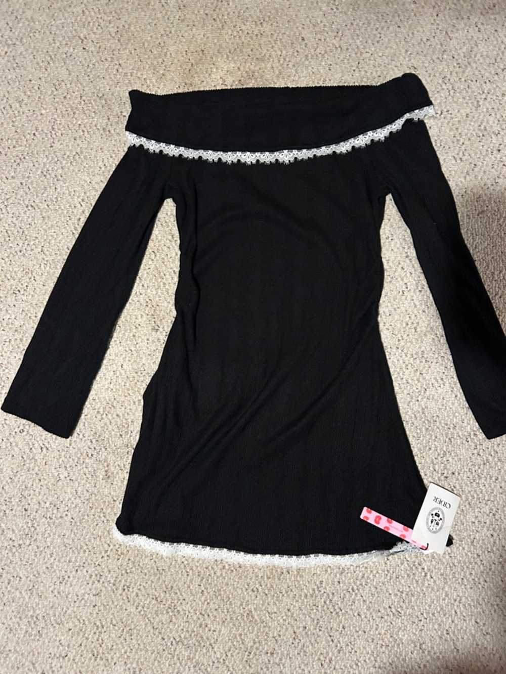 Cider Black Off-Shoulder Knit Top with White Lace Trim